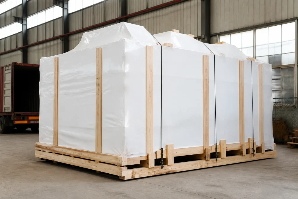 Industrial machinery secured for export packing