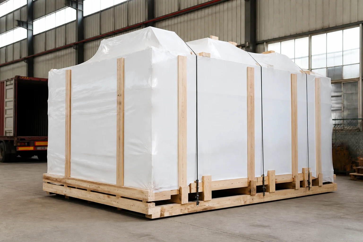 Industrial machinery secured for export packing