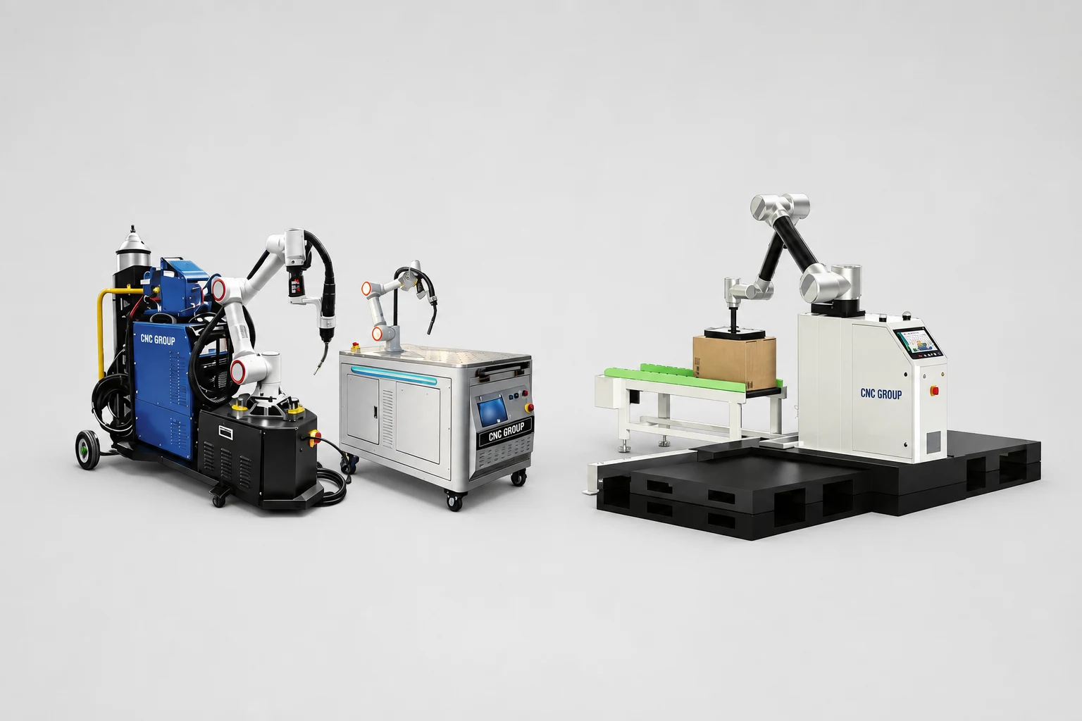 Collaborative welding and palletizing robot systems